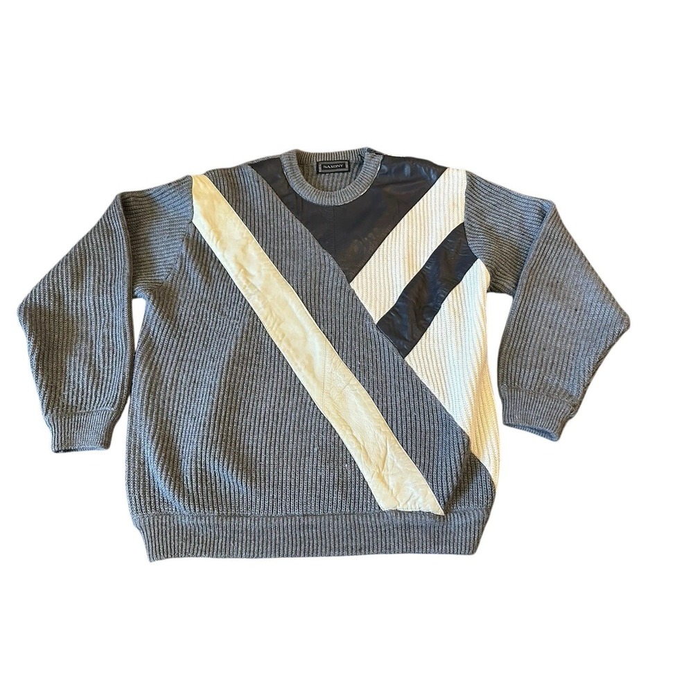 Vintage Saxony Sweater Men's‎ Large Leather Design Textured Knit Gray Geometric